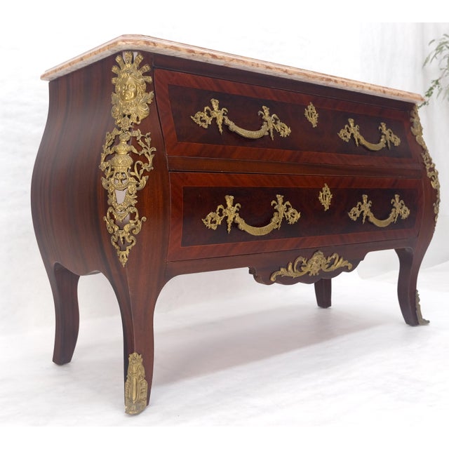 Wood Louis XV Bombe Style Bronze Mounted Mahogany Rouge Marble Top Commode Dresser For Sale - Image 7 of 17