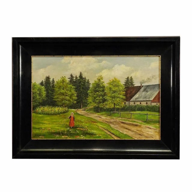 Antique oil painting farm girl on a flower meadow by M. E. Ummenhofer An impressive antique oil painting depicting a farm...