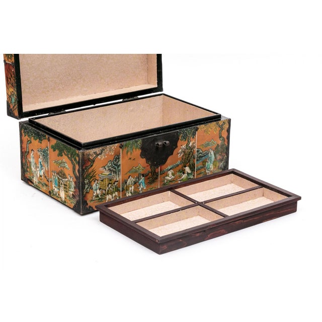 Vintage Chinese Painted Jewelry Box With Metal Mounts For Sale - Image 4 of 16