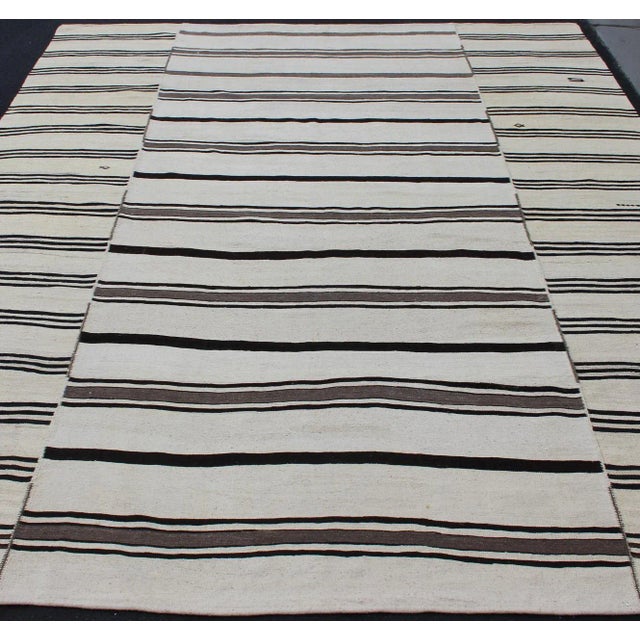 Large Vintage Turkish Kilim Rug With Vertical Stripes in Cream and Brown For Sale In Atlanta - Image 6 of 11