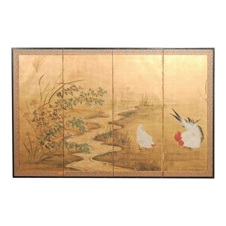 Early 20th Century Japanese Showa Four-Panel Screen Autumn Landscape Rooster & Hen For Sale