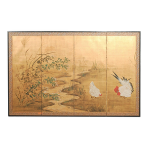 Early 20th Century Japanese Showa Four-Panel Screen Autumn Landscape Rooster & Hen