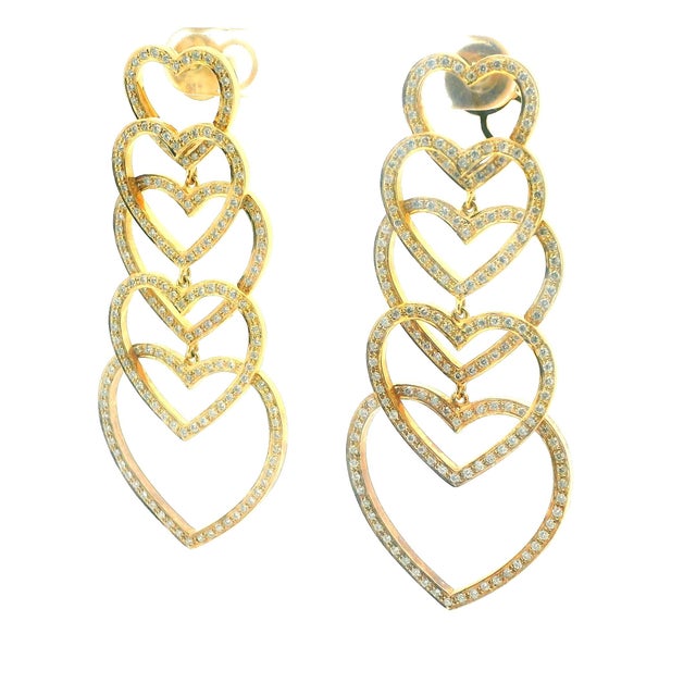 Metal 1990s Pair of 18k Gold Diamond Heart Cascade Chandelier Earrings, 3 Carats For Sale - Image 7 of 13