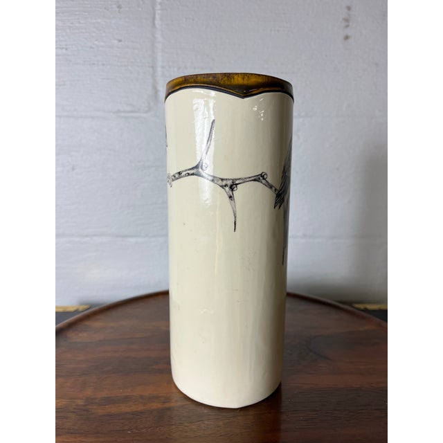 Laura Zindel Hand Made Stenciled Chickadee Earthenware Vase For Sale - Image 4 of 8