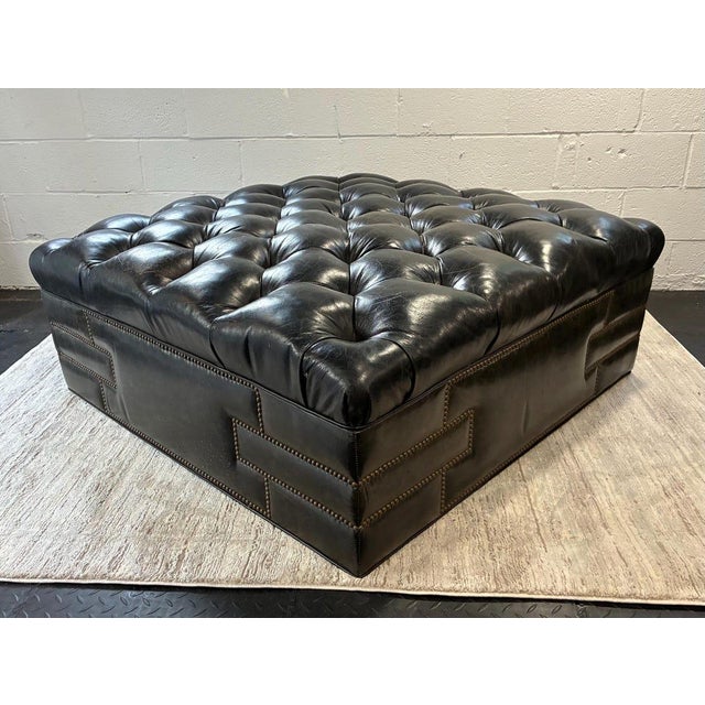 Chocolate Vintage Large Leather Tufted Ottoman With Nail-Head Detail Coffee Table For Sale - Image 8 of 10