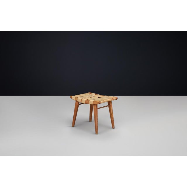 Mid-Century Modern French Stool with Woven Jute Seat, 1950 For Sale - Image 9 of 13
