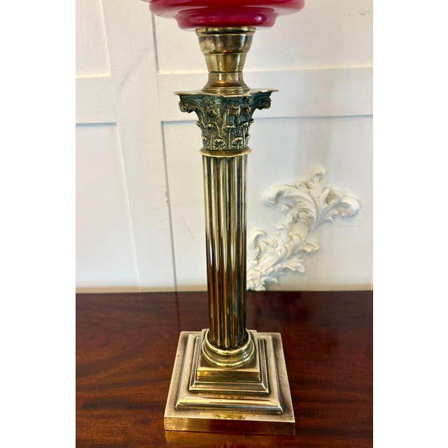 Metal Antique Victorian Brass Oil Lamp with Cranberry Glass Font and Corinthian Column, 1860 For Sale - Image 7 of 8