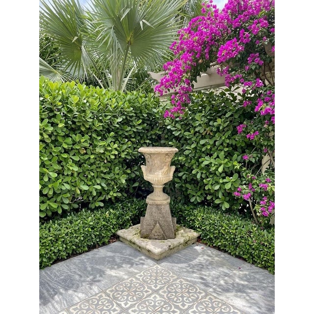 Oyster Gray Neo-Classical Style Cast Stone Garden Urn on Pedestal With Bacchanalian Relief For Sale - Image 8 of 10