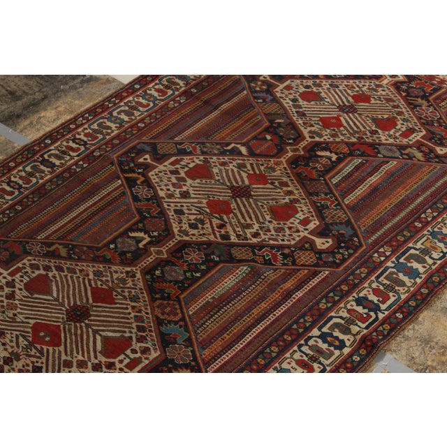 Textile Hand-Knotted Antique Persian Qashqai Rug in Red, Beige-Brown Medallion Pattern For Sale - Image 7 of 9