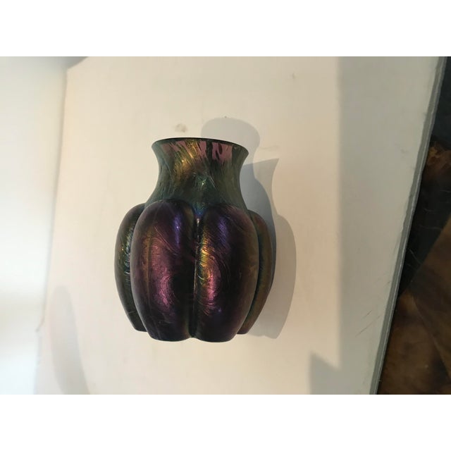 Rich, dark iridescent luster, plum color with green iridescence near top. Organic Melon-ribbed shape Art Nouveau Bohemian...