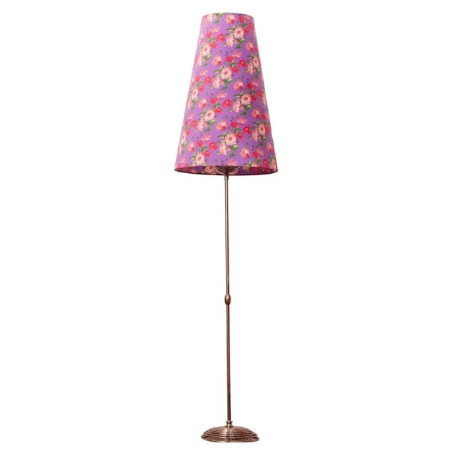 Vintage Chrome Floor Lamp with Handmade Purple Floral Decorated Shade, Italy For Sale - Image 13 of 13