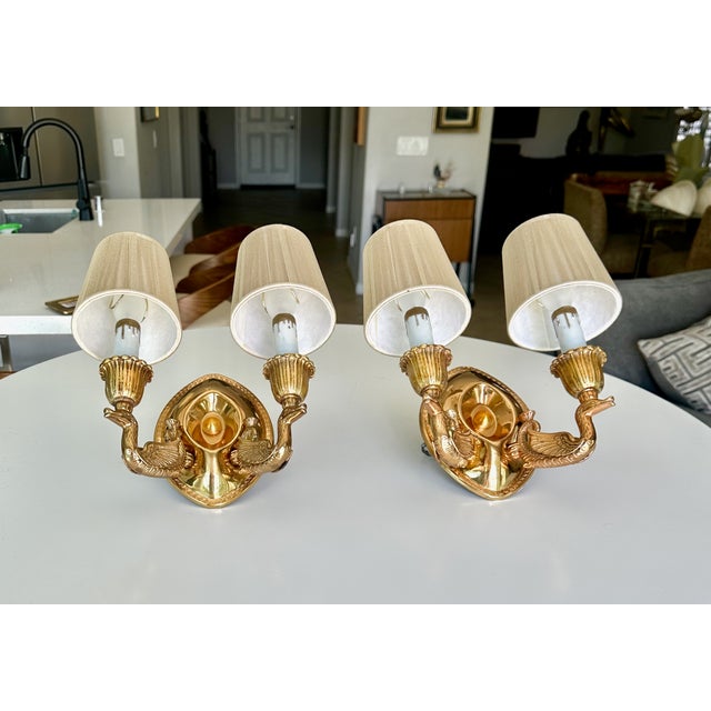 Traditional Pair French Empire Style Brass Swan Wall Sconces For Sale - Image 3 of 15