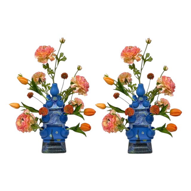 Dutch Delft Blue Ceramic Tulip Vases in the style of Vincent van Gogh, 2026, Set of 2 For Sale