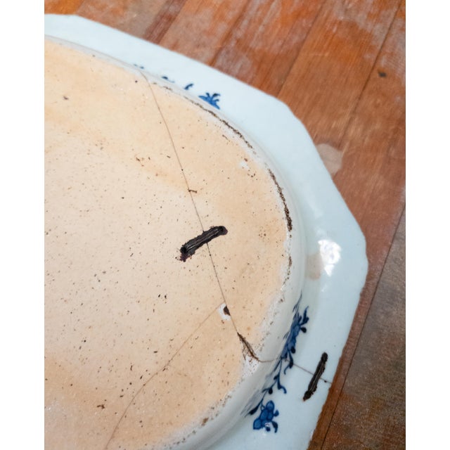 18th Century Chinese Blue and White Canton Export Vegetable Tray With Repair For Sale - Image 12 of 12