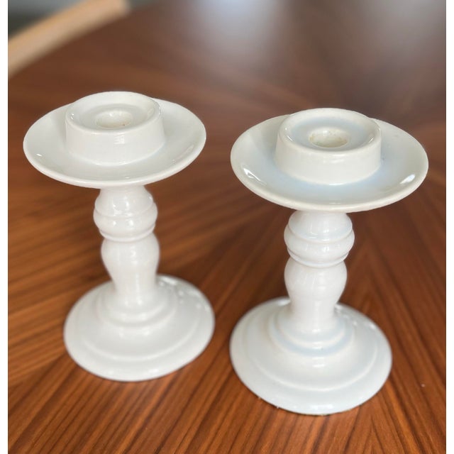 1970s White Ceramic Candle Holders-a Pair For Sale In Houston - Image 6 of 11