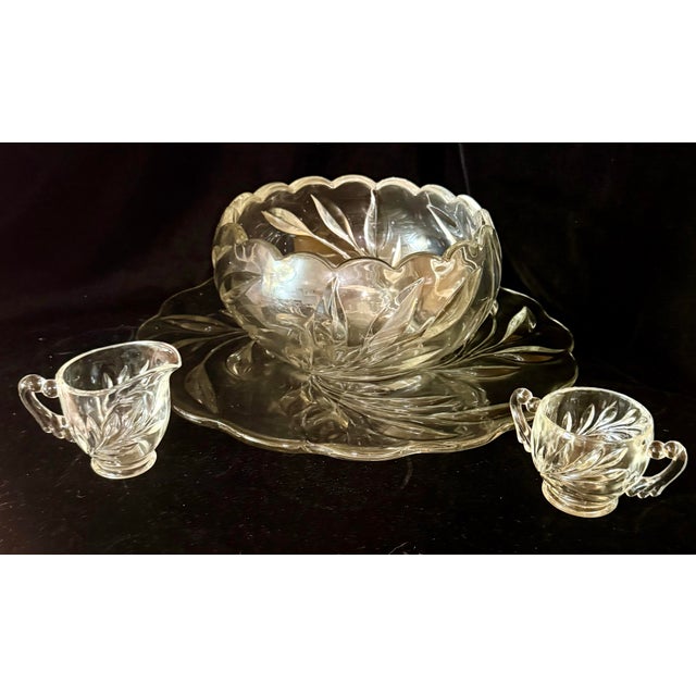 Mid 20th Century Indiana Glass Willow Punch Bowl Set With Cream and Sugar Set - Set of 4 For Sale - Image 6 of 12