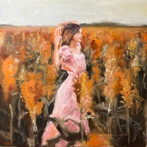 Young Girl Posing in Wheat Field Painting, Late 20th Century Impressionist