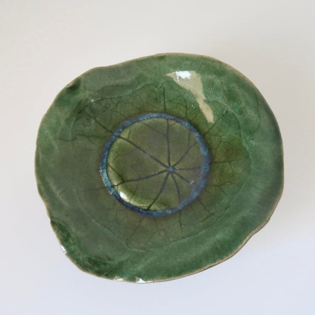 Bottle Green Handmade Ethereal Botanical Studio Pottery Pedestal Compote Catchall Bowl With Leaf Motif For Sale - Image 8 of 14