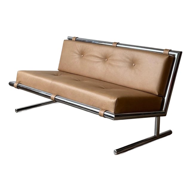 1970s Leather/Chrome Sled Settee Attributed to Arthur Umanoff for Directional For Sale