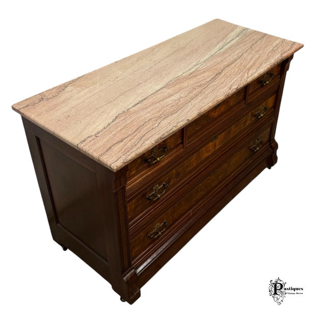 Wood Antique Eastlake Style Walnut & Burl Wood Travertine Marble Top Chest of Drawers For Sale - Image 7 of 12