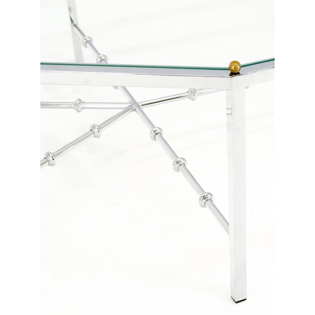 Faux Bamboo Chrome Glass Top Brass Balls Finials Elongated Hexagon Coffee Table For Sale - Image 9 of 12
