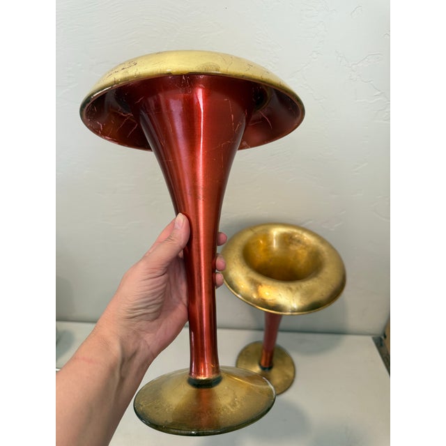 Pair of Alan Lee Collection Metallic Red & Gold Leaf Glass Trumpet Vases - Staggered Set For Sale - Image 11 of 12