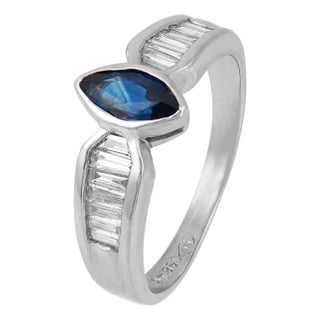 Vintage Sapphire Diamond Bezel Set Platinum Ring, Size 7.25 For Sale