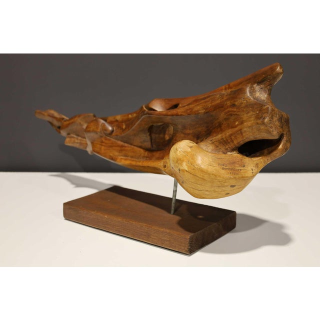 Brown Organic Wood Sculpture Mounted on Base, Signed For Sale - Image 8 of 12