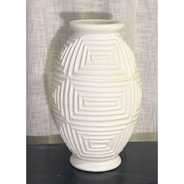 Global Views Global Views Monumental Sculptural White Ceramic Vase, Geometric Relief, 23” For Sale - Image 4 of 10