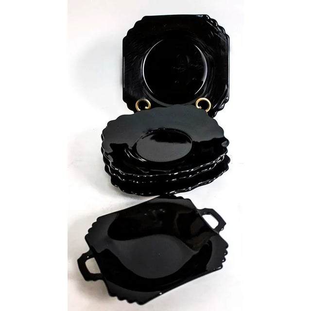 Lot of 6 pieces of mid-century black depression glass. Set consists of 1 handled bowl 7 1/2" handle to handle x 6" x 2"...