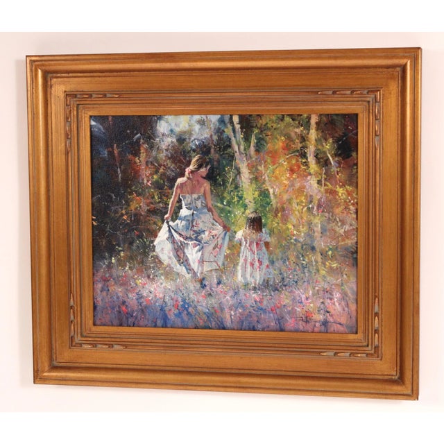 Colorful impressionist landscape painting with mother and daughter by Australian artist Robert Hagan (born 1947). Oil on...