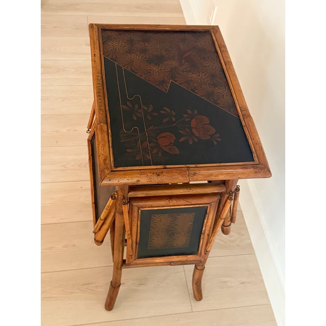 Black Vintage English Chinoiserie Rattan Bamboo Table With Sides For Sale - Image 8 of 11