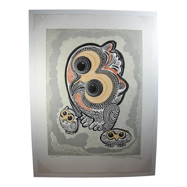 Motoi-Oi Authentic Three Owls Ground Etching Fine Art Limited Edition Hand Signed Plate Print For Sale