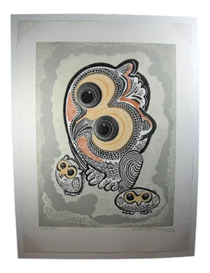Motoi-Oi Authentic Three Owls Ground Etching Fine Art Limited Edition Hand Signed Plate Print