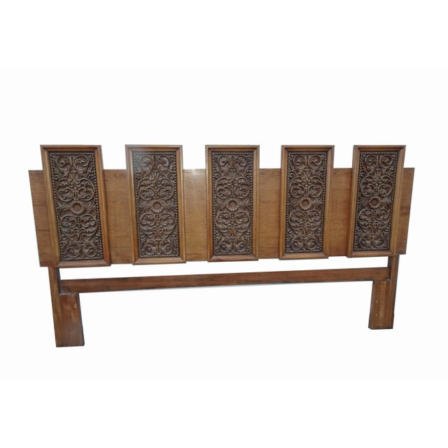 Vintage Drexel Mid-Century King Size Headboard Spanish Style W Five Carved Panels For Sale - Image 13 of 13