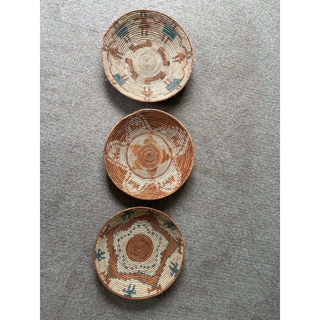 2010s African Coiled Straw Basket, 14.25 In. Diameter, Natural, Rust and Teal For Sale - Image 5 of 6