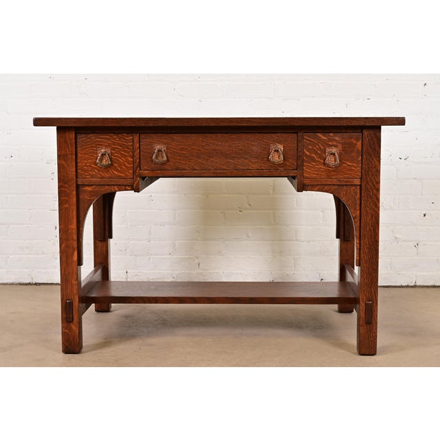 Mission Stickley Brothers Style Antique Mission Oak Arts & Crafts Writing Desk or Library Table, Newly Refinished For Sale - Image 3 of 12