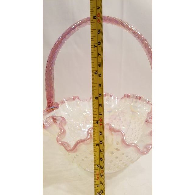 Vintage Fenton Art Glass Hobnail Basket With Pink Twisted Handle and