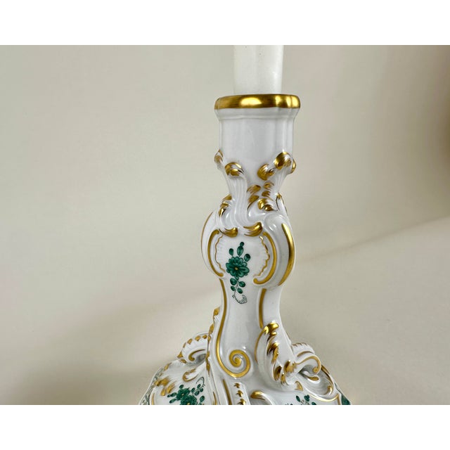 Vintage Porcelain Set Gilded Vase and Candlestick from Meissen, Germany, 1950, Set of 2 For Sale - Image 6 of 9