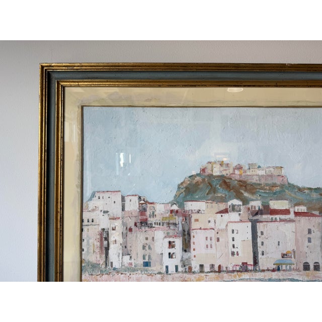 Wood 1968 Franco Scuderi Italian Mediterranean Coastal Cityscape Landscape Oil on Plywood Painting, Signed & Framed For Sale - Image 7 of 16