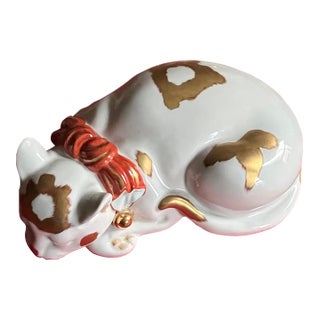 Large 13.25" Japanese Kutani Porcelain Figure of a Sleeping Cat For Sale
