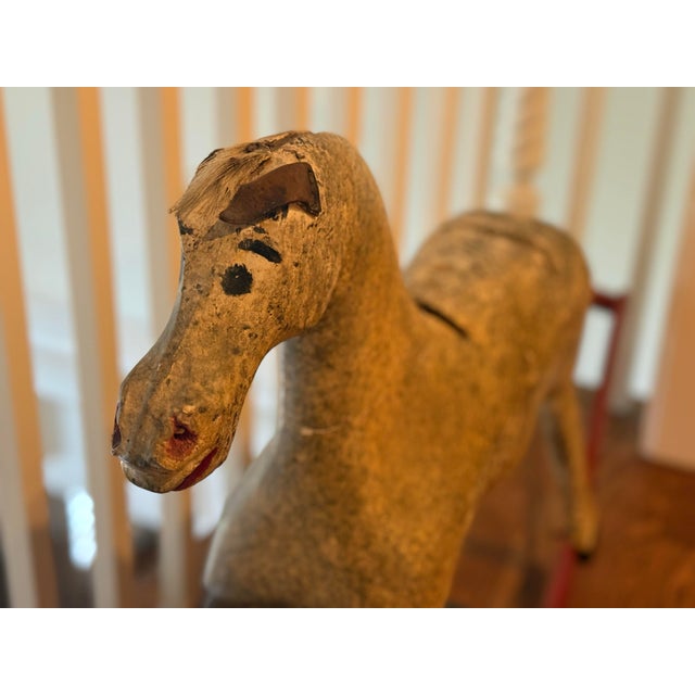 Antique Hand-Carved Wooden Rocking Horse With Original Painted Finish For Sale - Image 4 of 8