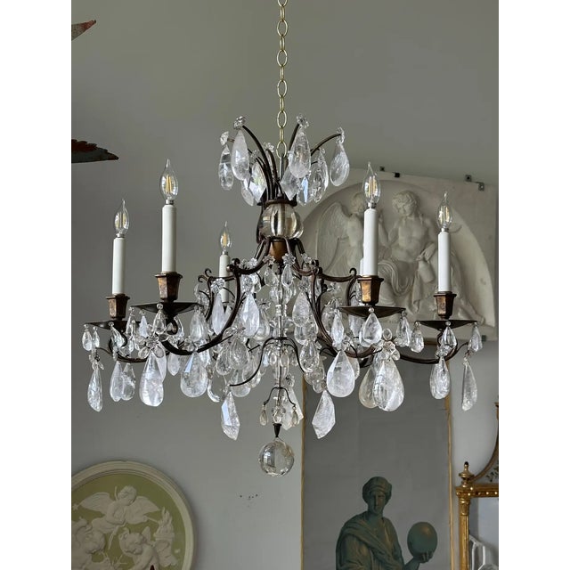 Chinoiserie Pair of Maison Bagues Patinated Iron and Rock Crystal Chandeliers For Sale - Image 3 of 9