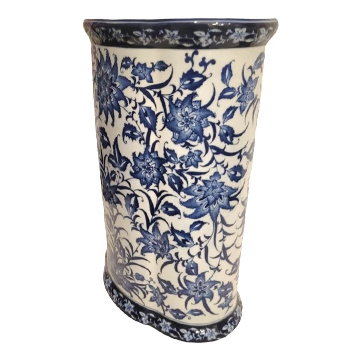 Vintage Oval Shaped Blue White Very Large Chinoiserie Ceramic Umbrella