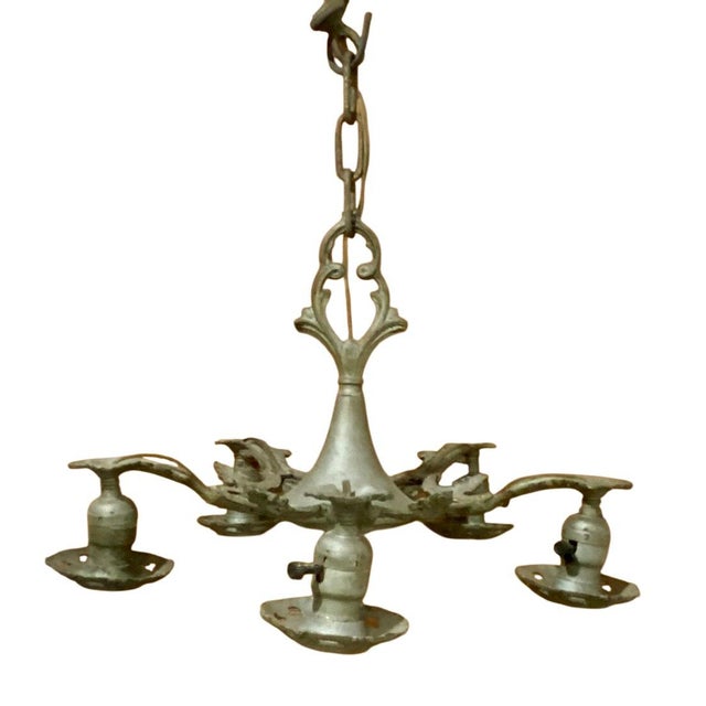 Art Deco Antique Art Deco Metal 5-Light Hanging Lamp Chandelier For Sale - Image 3 of 10