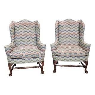 Late 20th Century Pair Southwood Connoisseur Collection Mahogany Wing Chairs Flame Stitch Fabric For Sale