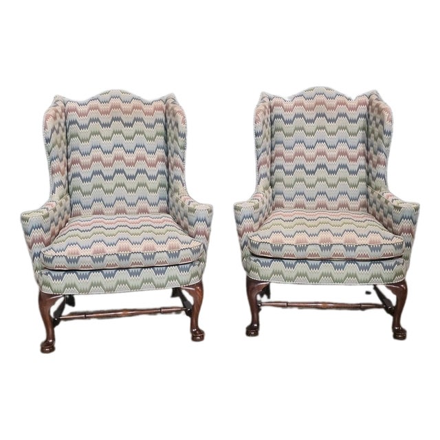 Late 20th Century Pair Southwood Connoisseur Collection Mahogany Wing Chairs Flame Stitch Fabric For Sale
