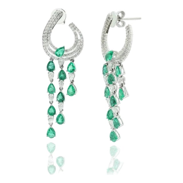 Modern Emerald Diamond Earrings in 14k White Gold- 2 Pieces For Sale