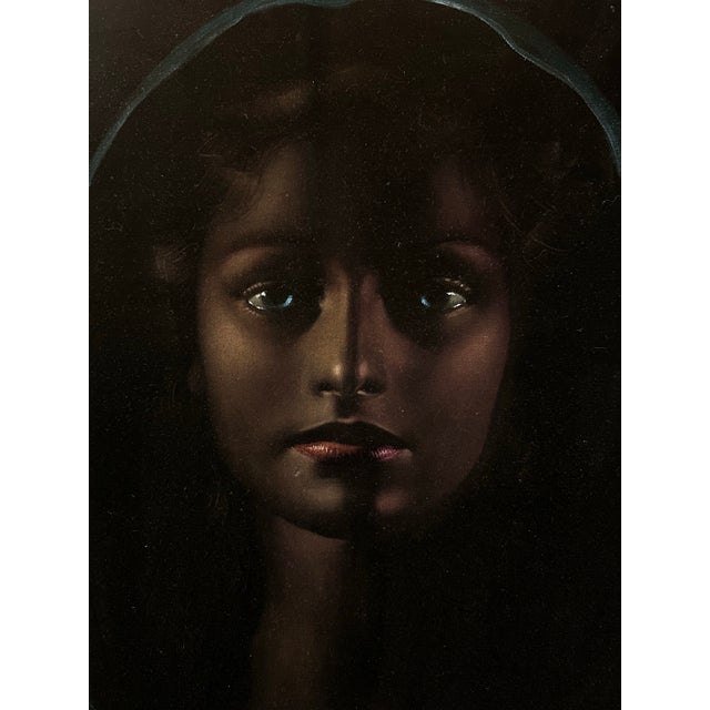 1970s Vintage Veiled Girl in Blue Painting For Sale - Image 5 of 8