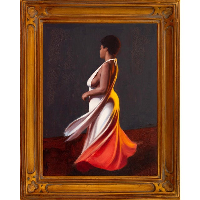 In "Liquid Sunset II," a figure elegantly glides across the canvas, her flowing dress transitioning from a warm orange to...
